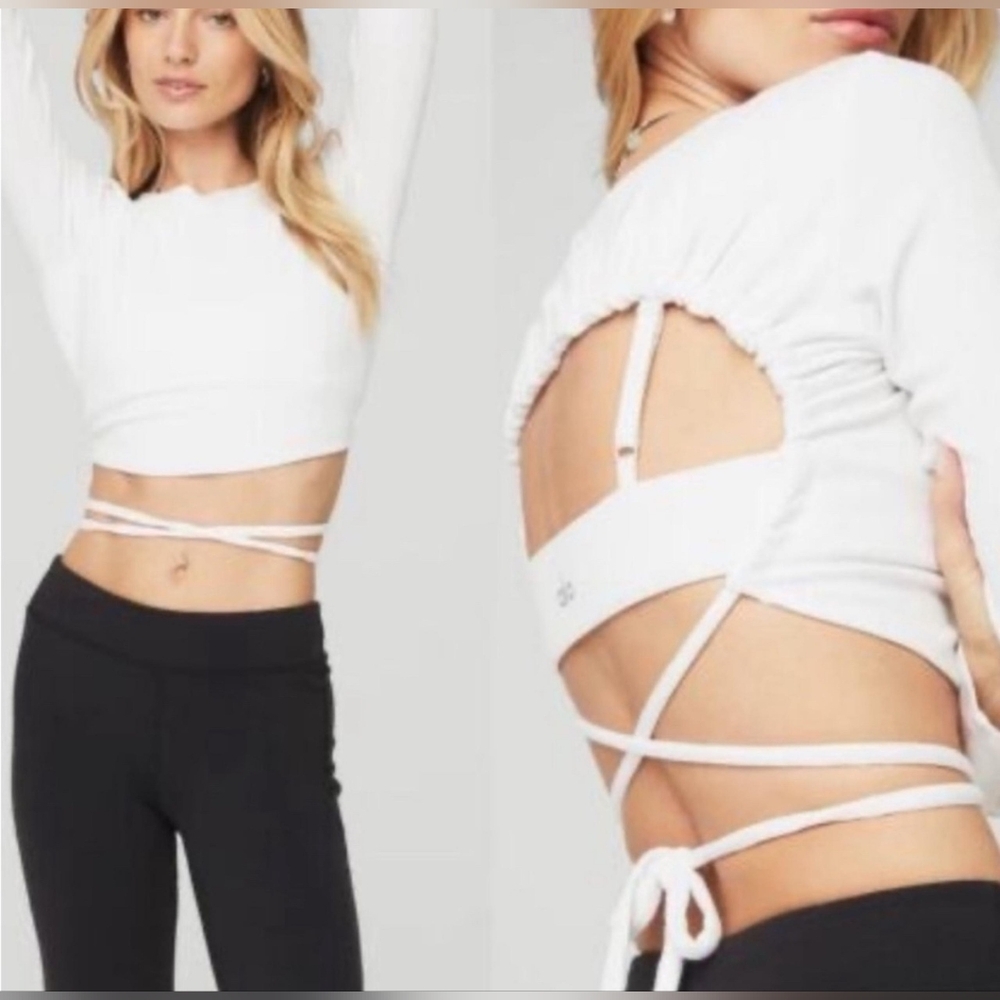 ALO YOGA Ribbed Manifest Long Sleeve, White Crop Top - Picture 2 of 10